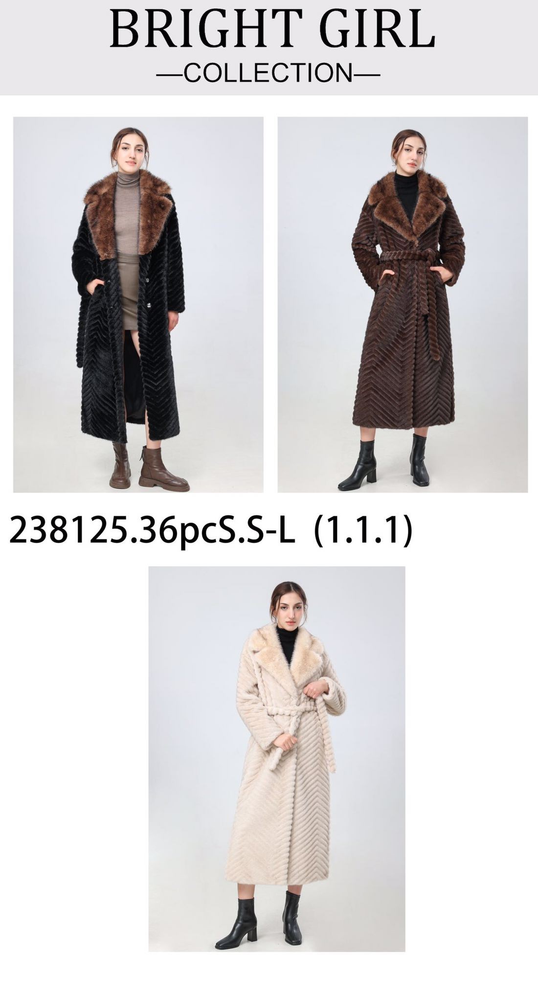 238125 Women's Long Faux Fur Coat with Oversized Collar